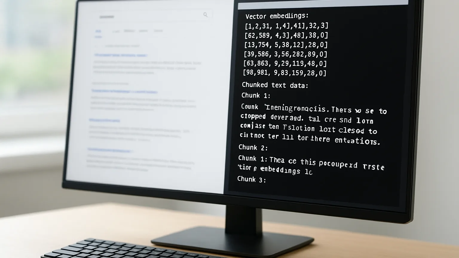 A computer monitor displaying a search engine results page alongside a terminal window showing vector embeddings and chunked text data being processed.
