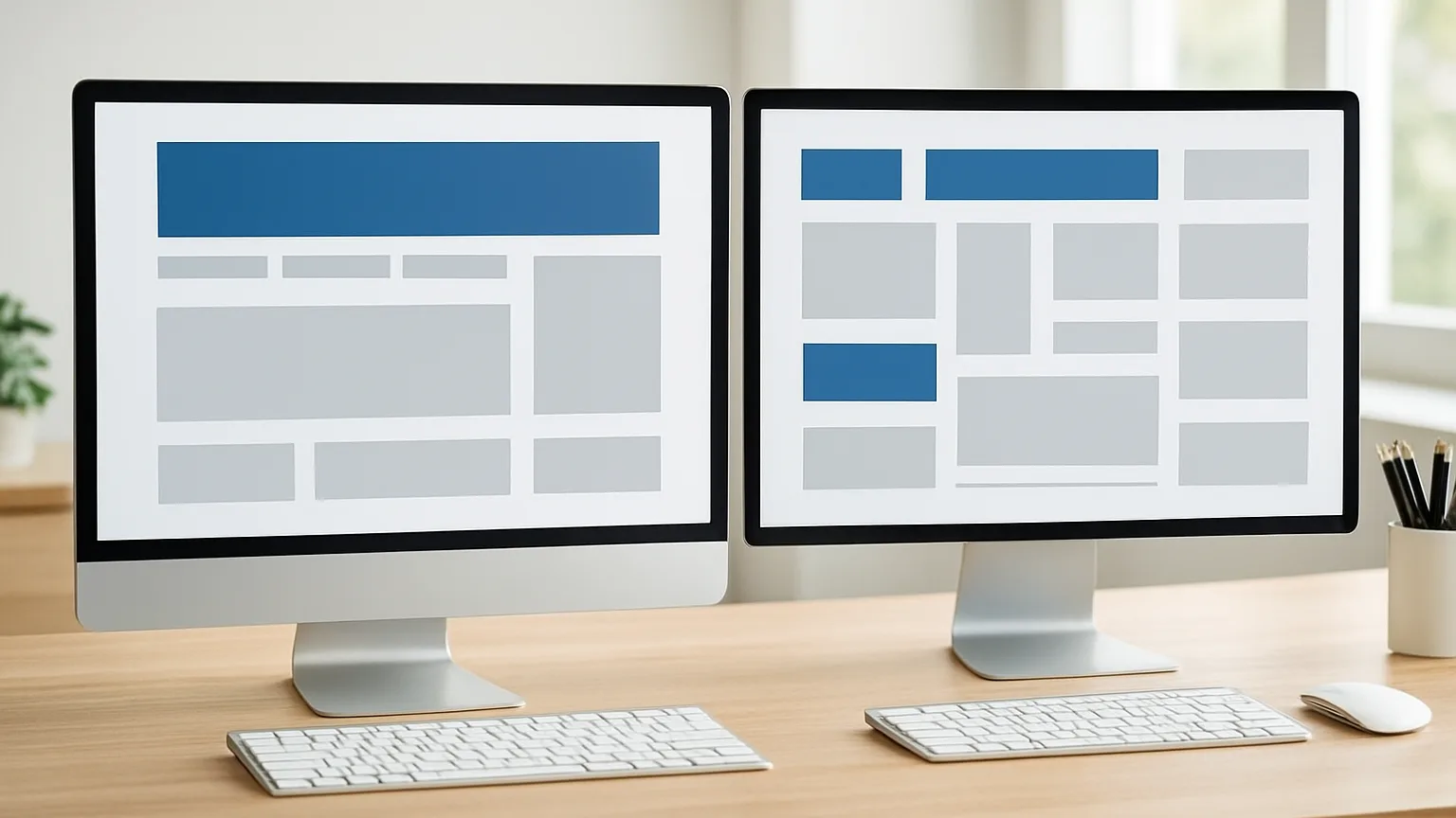 A split-screen workspace: left side shows a traditional website layout with navigation and hierarchy; right side shows the same content fragmented into isolated text blocks.