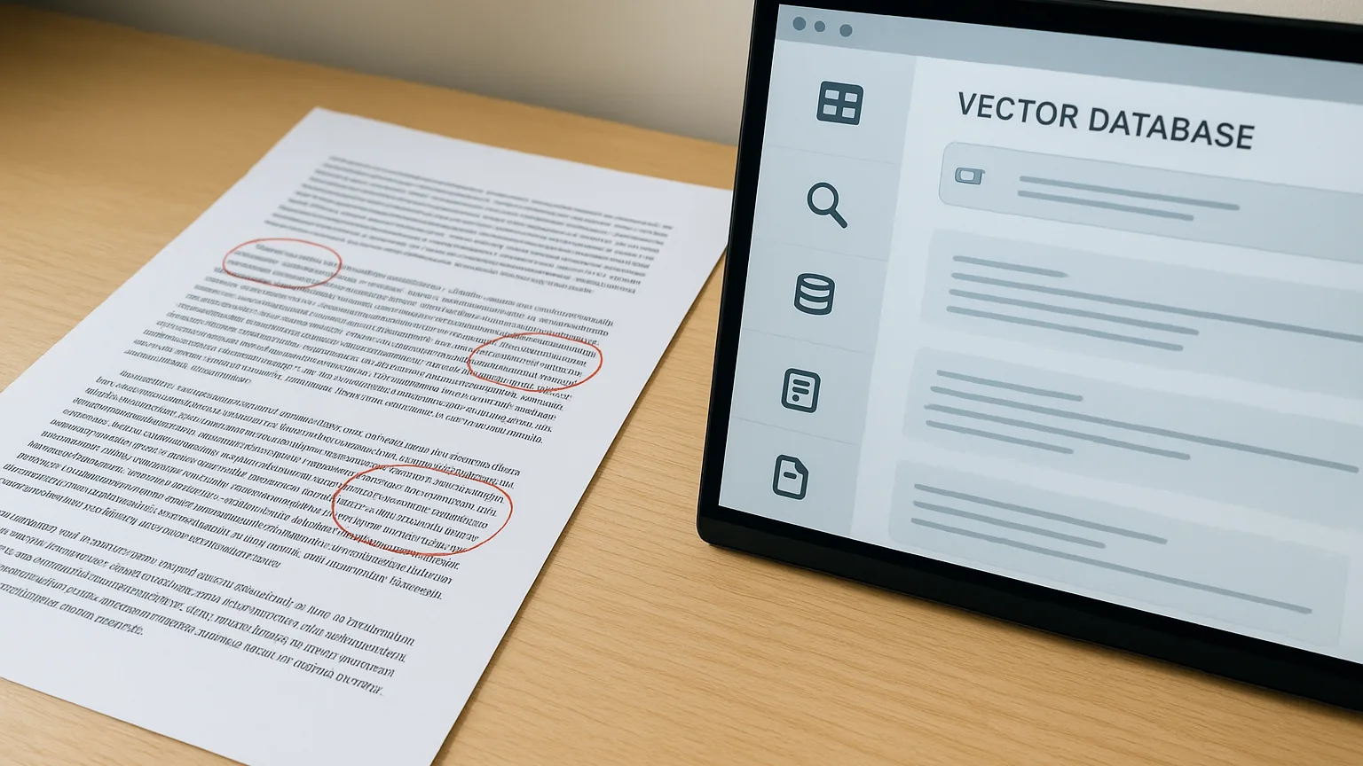 A research paper printout marked with annotations highlighting standalone paragraphs and self-contained sentences, with a vector database interface visible on an adjacent screen.